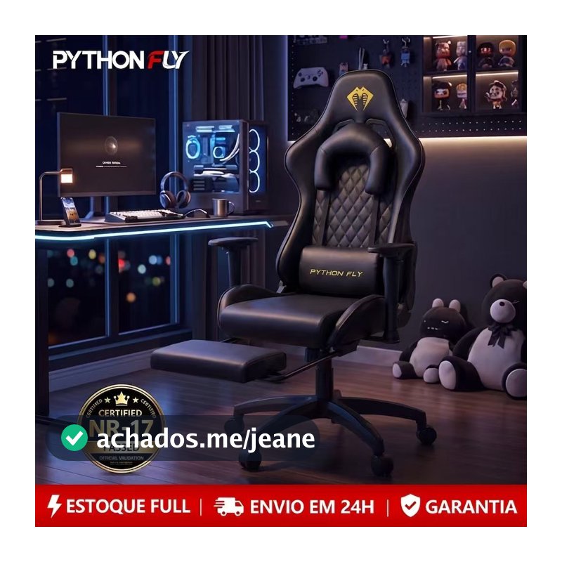 Cadeira Gamer Python Fly Deluxe, Design Ergonômico, Ajuste De 90-150 Graus, Design Preto E Dourado