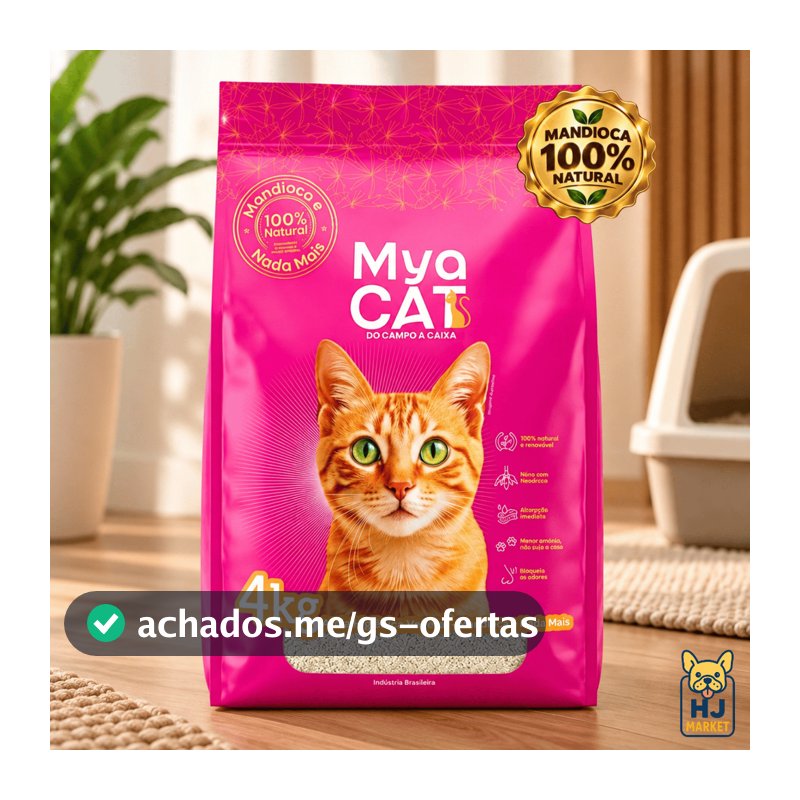 Areia Gatos Mya Cat 100% Mandioca Biodegradável Grãos Finos Higiênica 4kg