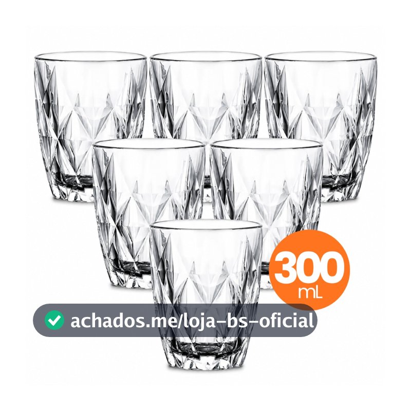 Jogo 6 Copo Vidro Diamond 300ml Conjunto Mesa Posta Água Suco Cozinha Decoração Presente