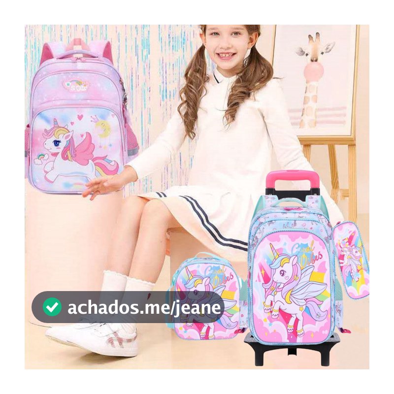 Kit 3 Mochila Escolar Infantil  16” 3D em PU com rodinhas lancheira e estojo para Menina e Menino