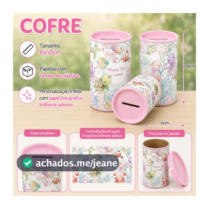 Kit de 9 a 30 Cofrinhos Personalizados Festa Fundo do Mar Aquarela Rosa