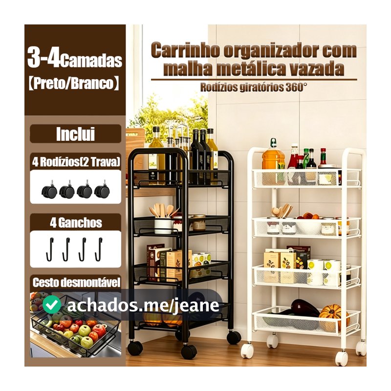 Carrinho Inox 3/4 Andares Organizador Multiuso Aramado com Rodinhas para Cozinha, Banheiro e Cosméticos