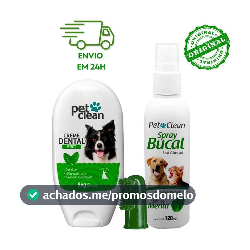 Kit Higiene Bucal Cachorro Gato Pet Clean Menta Creme Dental 90g Spray 120ml Escova Dedeira Previne Tartaro