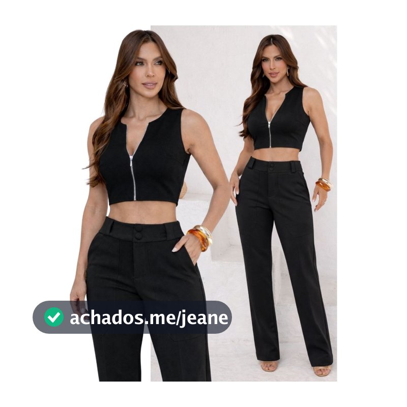 Conjunto Feminino Cropped com Zíper e Calça Pantalona Alfaiataria Bolso Cintura Alta Viscose Elegante Social Verão