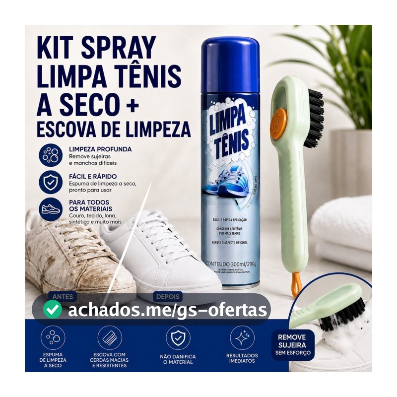 Kit Limpa Tênis a Seco Espuma Spray + Escova de Limpeza para Sapatos