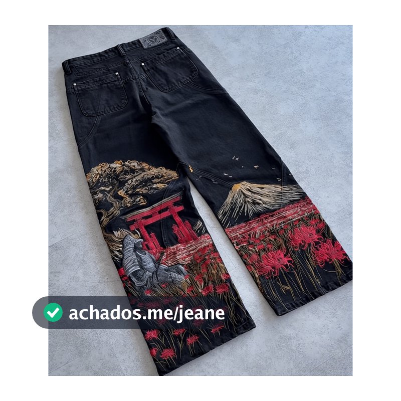 Harajuku Roupas De Moda Japonesa Samurai Bordado Jeans De Grandes Dimensões Masculino Y2K Rua Hip-hop Calças Retas De Ci