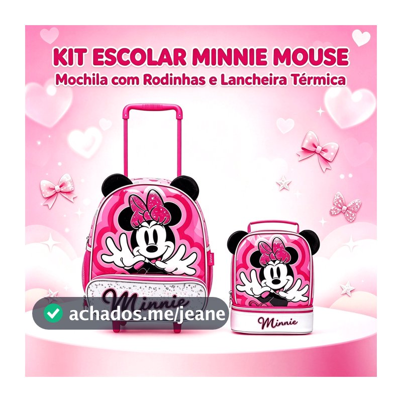 Kit Mochila Rodinhas Lancheira Estojo Minnie Pré- Escolar Infantil Menina Disney