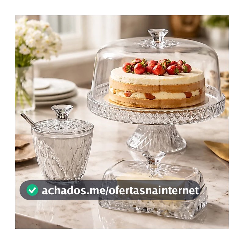Kit Boleira Açucareiro Manteigueira Porta Bolo Açucar Manteiga Mesa Posta Glamour 3 peças
