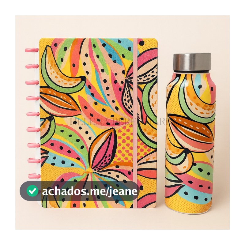 Kit Escolar Caderno de Discos B5 + Garrafa 800ml Universitário Colorido Boho Brasilidades