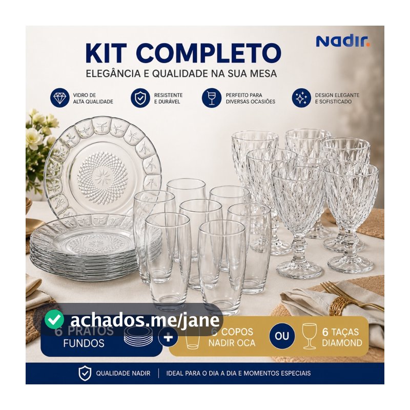 Kit 6 Copos ou Taças + 6 Pratos Fundos Vidro Resistente Jogo Mesa Cozinha
