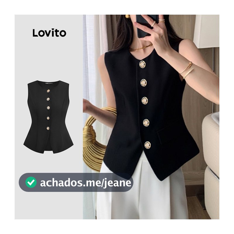 Lovito Elegante Blusa Clássica E Versátil Com Botões Preta Para Mulheres Ideal Para a Primavera/verão L143ED018