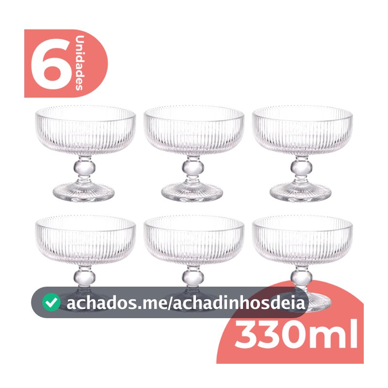 Jogo 6 Taça Sobremesa Vidro Sorvete Açai 330ml Canelado Luxo