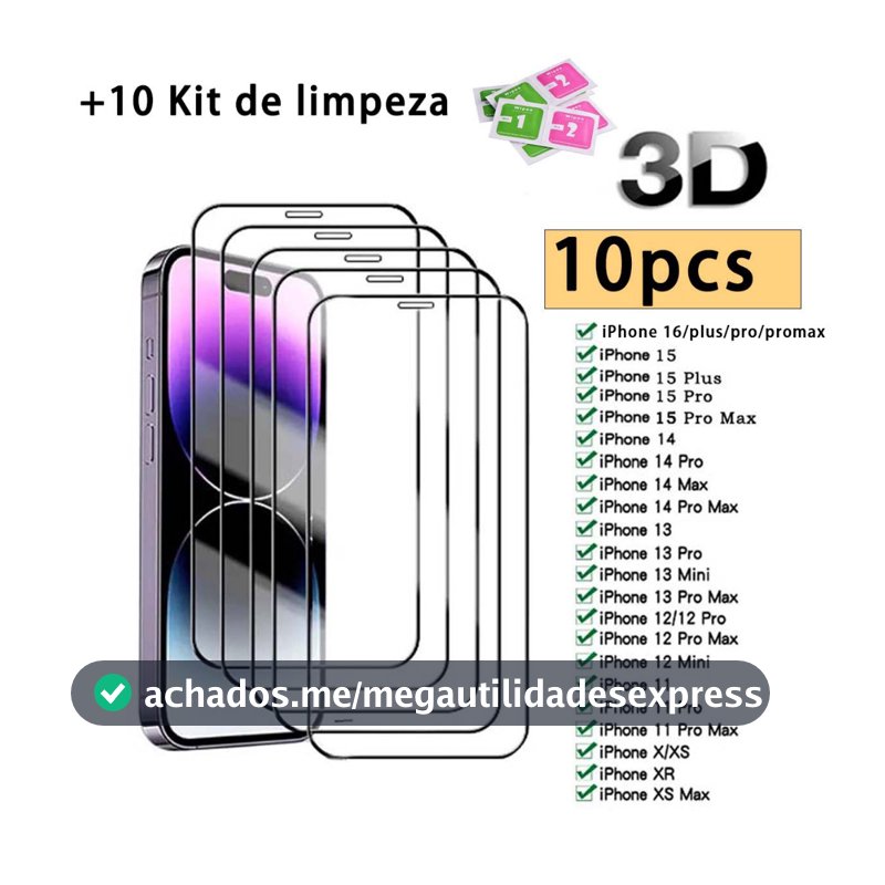 Kit 10 Película De Vidro Temperado 9H Para iPhone X Xs Xr 11 Pro Max 12 13 14 15 Pro Max 16 17PROMAX