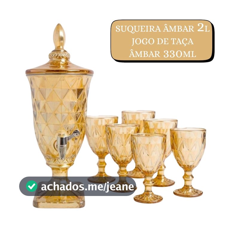 Suqueira de Vidro 2L ou 6 Taças 340ML Âmbar Designer Diamante ou Kit Taça + Suqueira  Premium