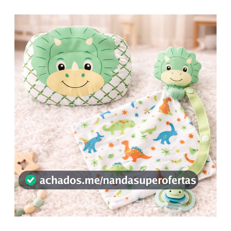 Naninha com Prendedor de Chupeta + Travesseiro Anatômico para Bebê Dino Verde