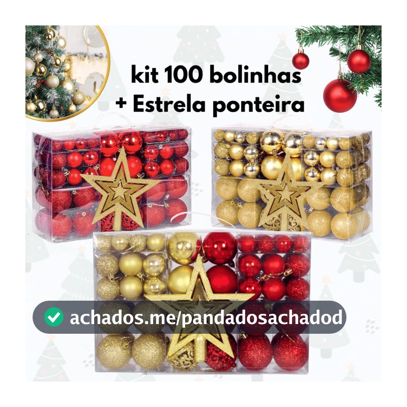 Kit 100 Bolas de Natal E Estrela Ponteira Decoração Enfeite Árvore Fosca Glitter Vermelha Dourada