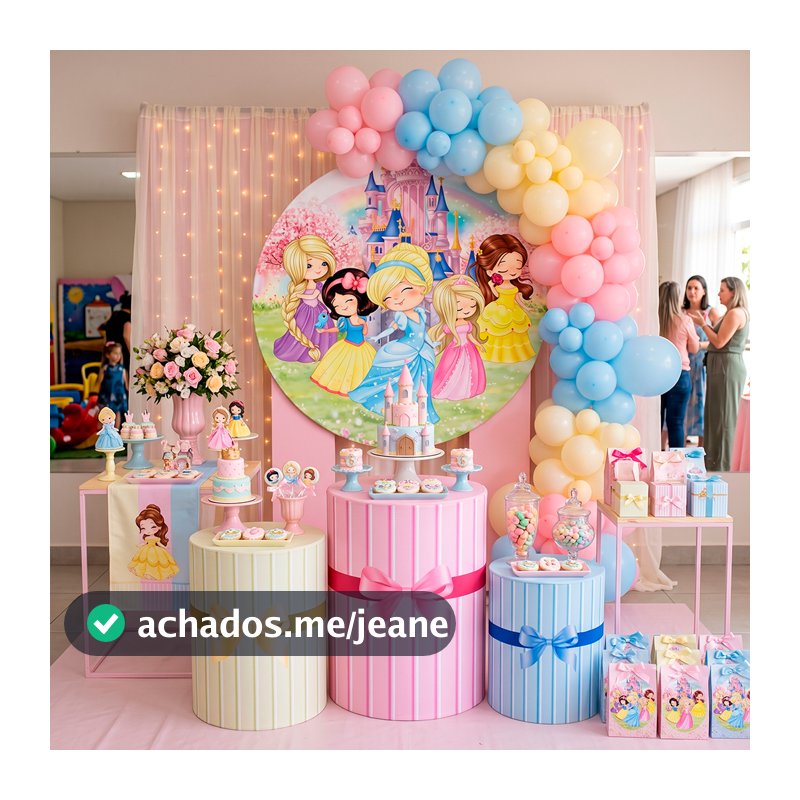 Kit Trio Capas Cilindros + Painel Redondo Sublimado Tema Princesas Menina Veste Fácil
