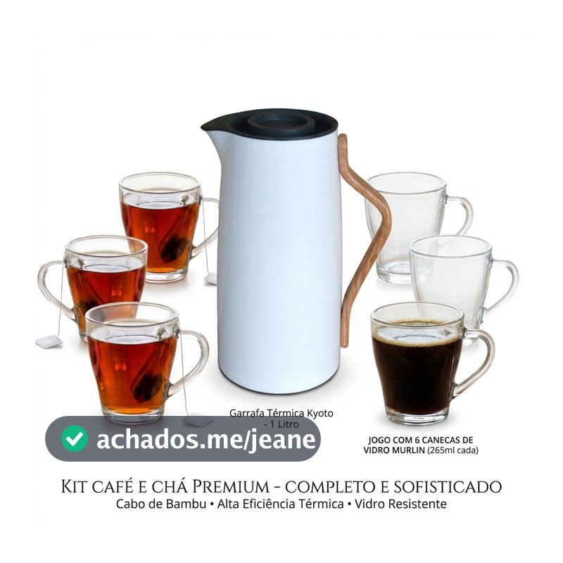 Kit Café Premium Garrafa Térmica Kyoto 1L Branca Cabo Bambu + Jogo 6 Canecas Vidro Murlin Mesa Posta