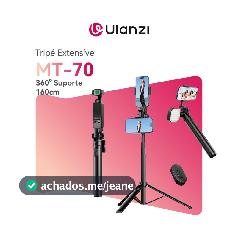 Ulanzi MT-70 Tripé Extensível 160cm 63" para Celular Vlog Bastão Selfie 360° Suporte Duplo Câmera