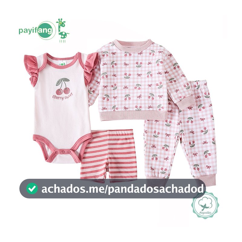 Kit 4 Peças Conjunto Roupa Bebê Menina 60% Algodão 40% Poliéster Body Cereja + Blusa Xadrez + Calça + Shorts TM-4029