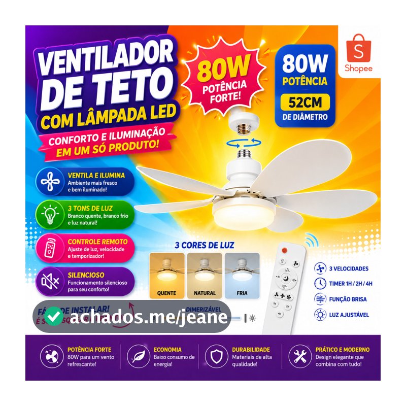 Ventilador de Teto 2 em 1 Controle Remoto 80W Lâmpada 3 Cores E27 Silencioso Bivolt
