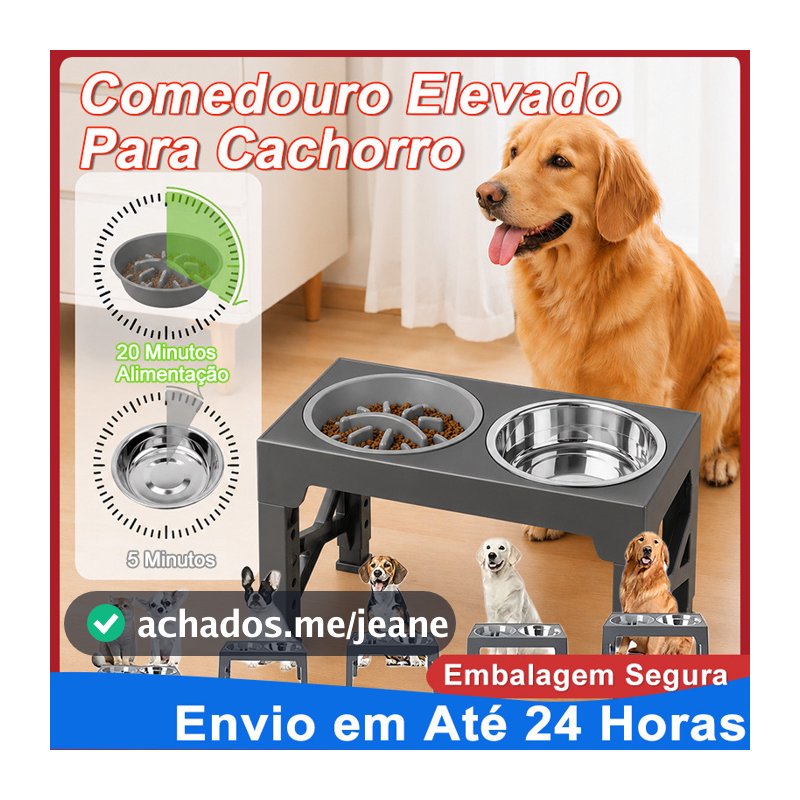 Comedouro Elevado Ajustável 2 Tigelas Inox Cães Gatos Dobrável Antiderrapante