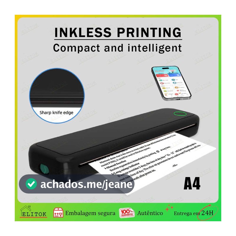 Impressora Térmica A4 Bluetooth Portátil Sem Fio Recarregável USB Para Celular Bateria  Interna Alta Capacidade 2600mAh