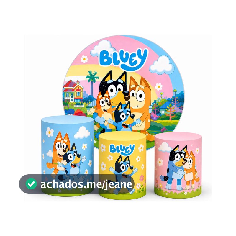 Kit Decoração Capa Painel Redondo 150x150cm Mais Trio Capas Cilindros Tema Bluey Lançamento Tecido Premium Lavável