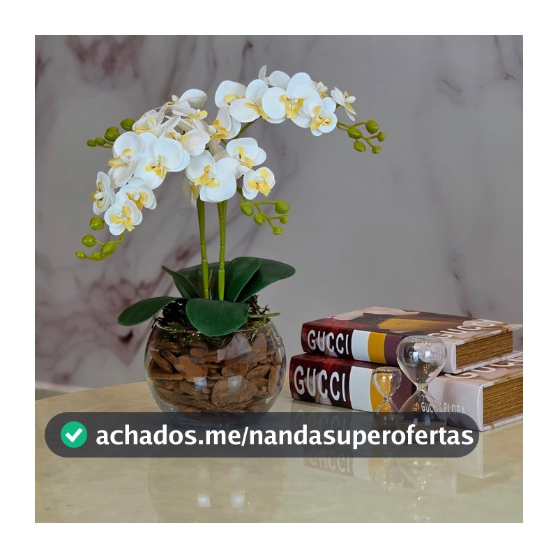 ARRANJO ORQUIDEA ARTIFICIAL 3D 4 HASTES  VASO VIDRO INCOLOR