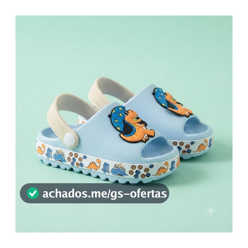 Sandália Infantil Bebê Menino Dino Azul Babuche Slide Escola Dia a Dia Solado com Travas