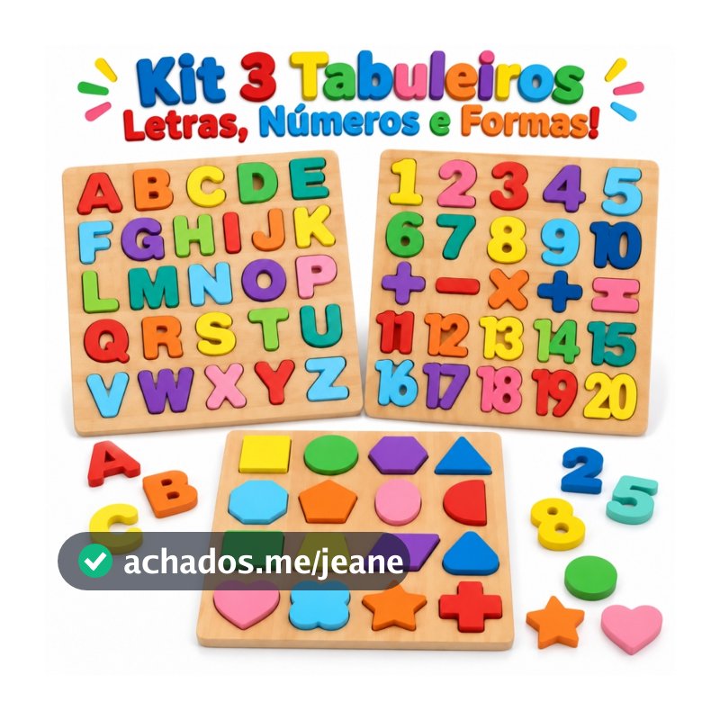 Kit 3 Tabuleiros Madeira Montessori Brinquedo Educativo 3 Anos Alfabeto Letras Números Formas