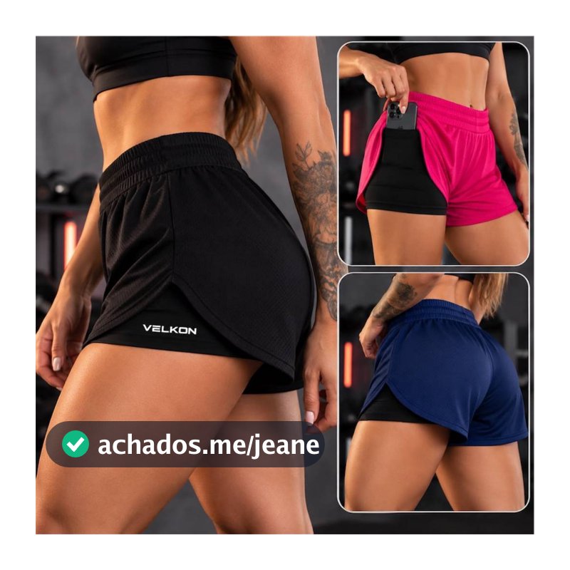 Shorts 2 em 1 Feminino Fitness c/ Bolso para Celular Forro de Compressão Cintura Elástica Academia Corrida Treino VELKON