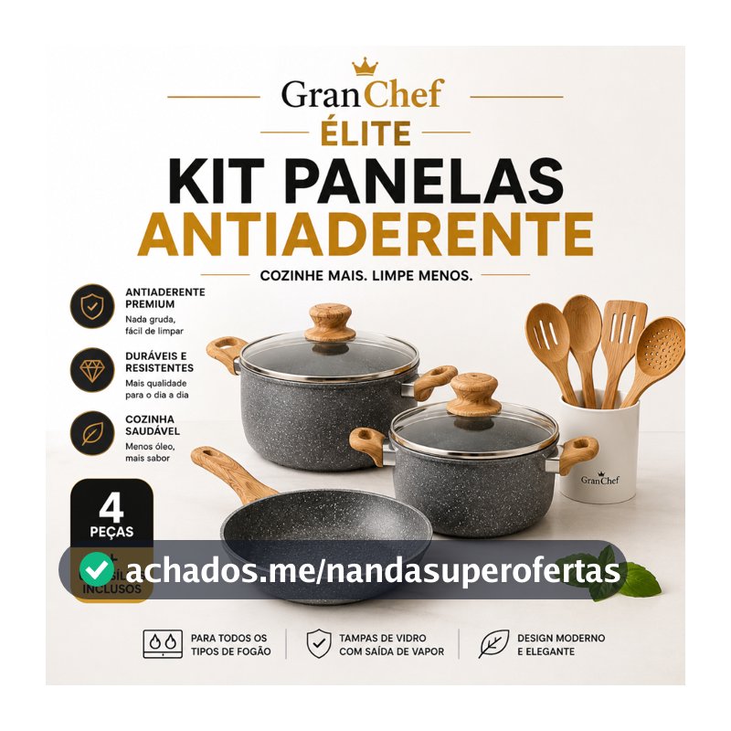 Kit Panelas GranChef Élite Antiaderente 4 Peças Utensílios Jogo de Panelas Cerâmica Cozinha Premium
