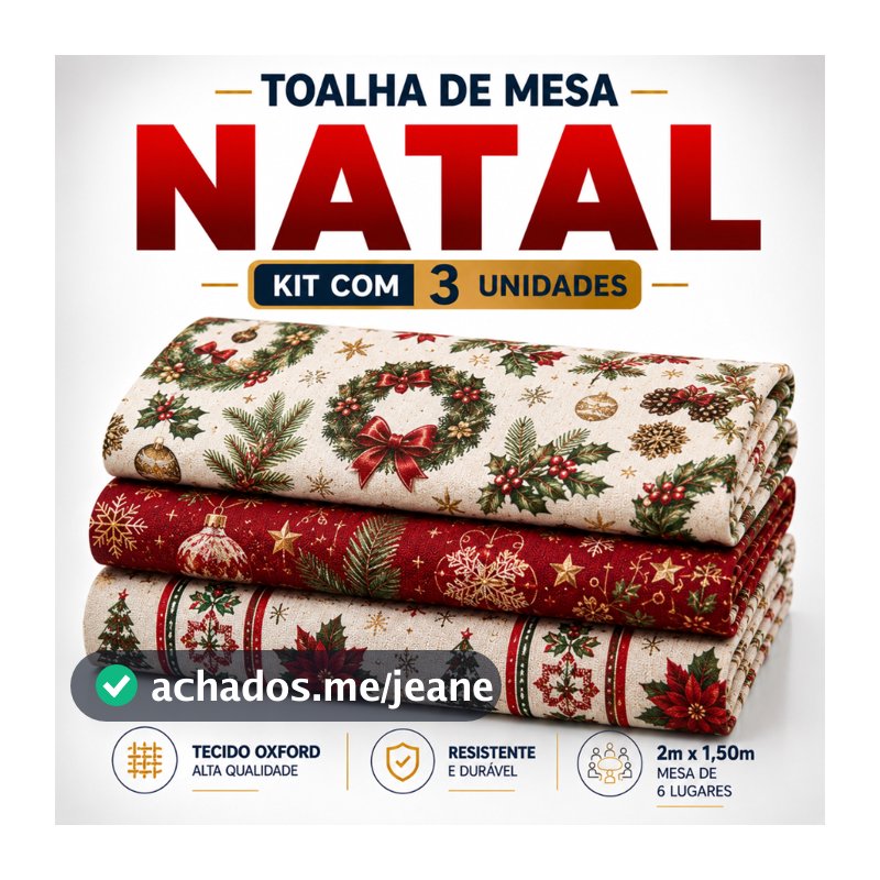 Kit 3 Toalha de Mesa Estampada Natal 6 lugares