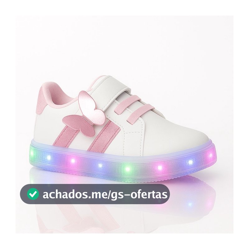 Tenis Calçado Sapato Infantil Feminino Borboleta Glitter com Luz de Led Brilhante