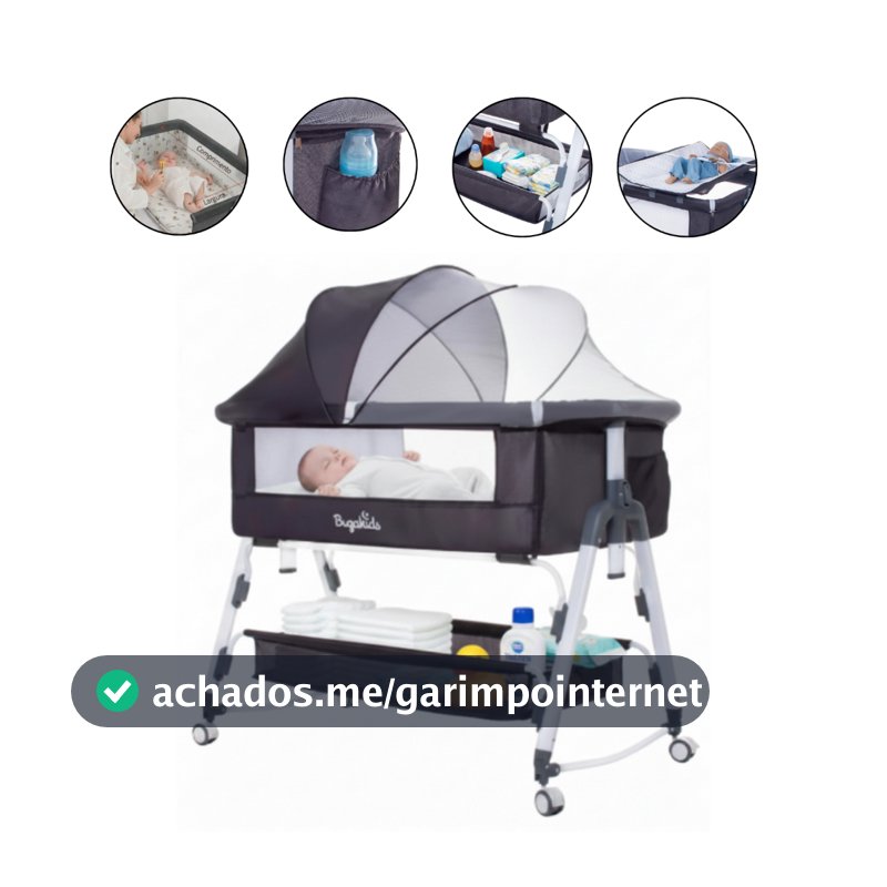 Berço 12 em 1 Moises Portátil com Mosquiteiro, Suporte de Mamadeira, Trocador, Acopla Na Cama Cinza Escuro- Buga Kids