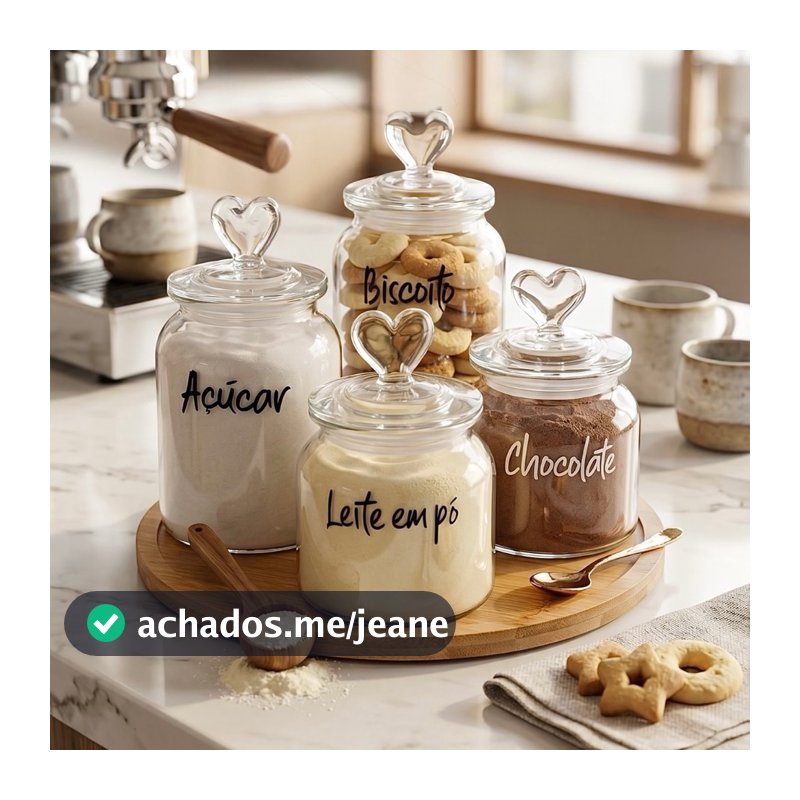 KIT 5 PEÇAS 4 POTES CORAÇÃO E BANDEJA GIRATÓRIA
