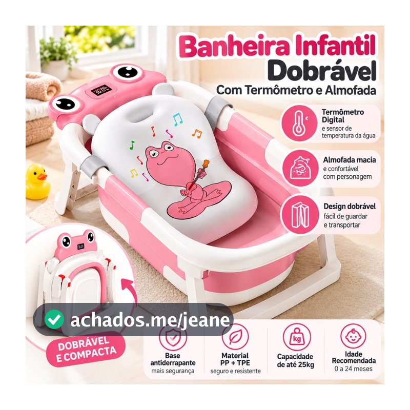 Banheira Infantil Dobrável Com Termômetro Digital E Almofada Portátil Rosa, Verde e Azul