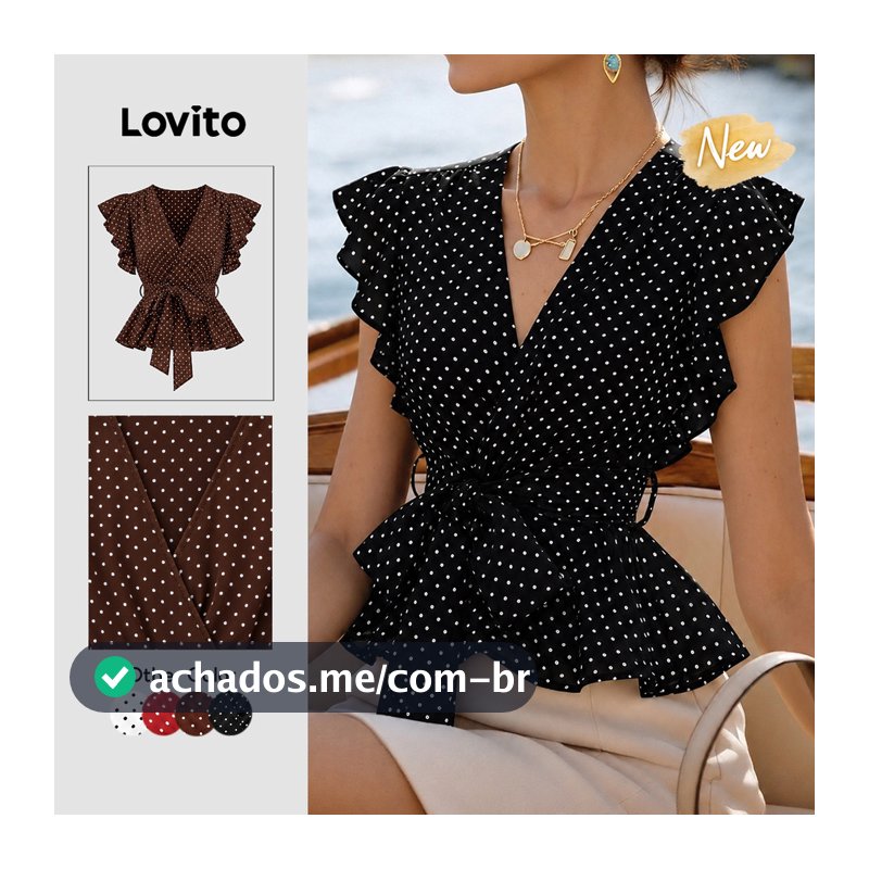 Lovito Blusa Feminino Casual De Bolinhas Sem Mangas Com Decote Em V E Amarração Com Babados Para O Fim De Semana E O Trabalho TKK10BR330