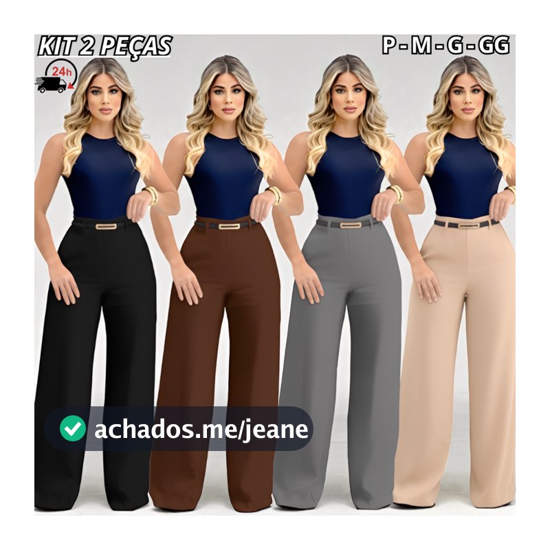 Kit 2 Calça Pantalona Alfaiataria Premium Feminina Com Cinto Bolso e Ziper Lateral