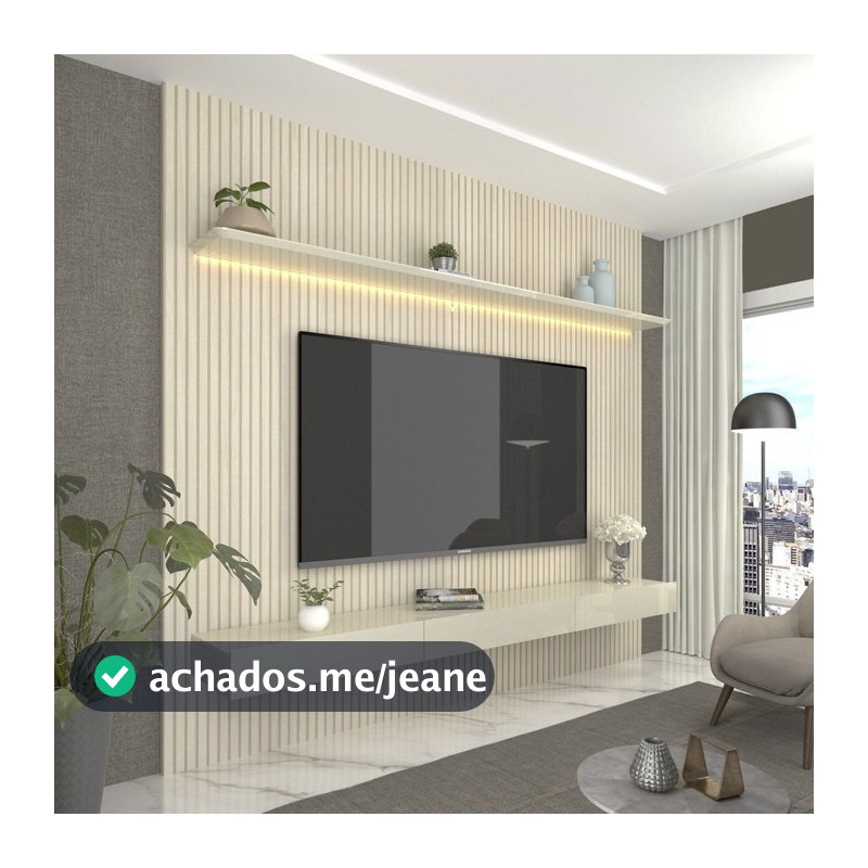 Painel para TV até 90 Polegadas com LED 100% MDF 224CMX250CM Impressão Ripada com Gaveta Requinte Branco Off White