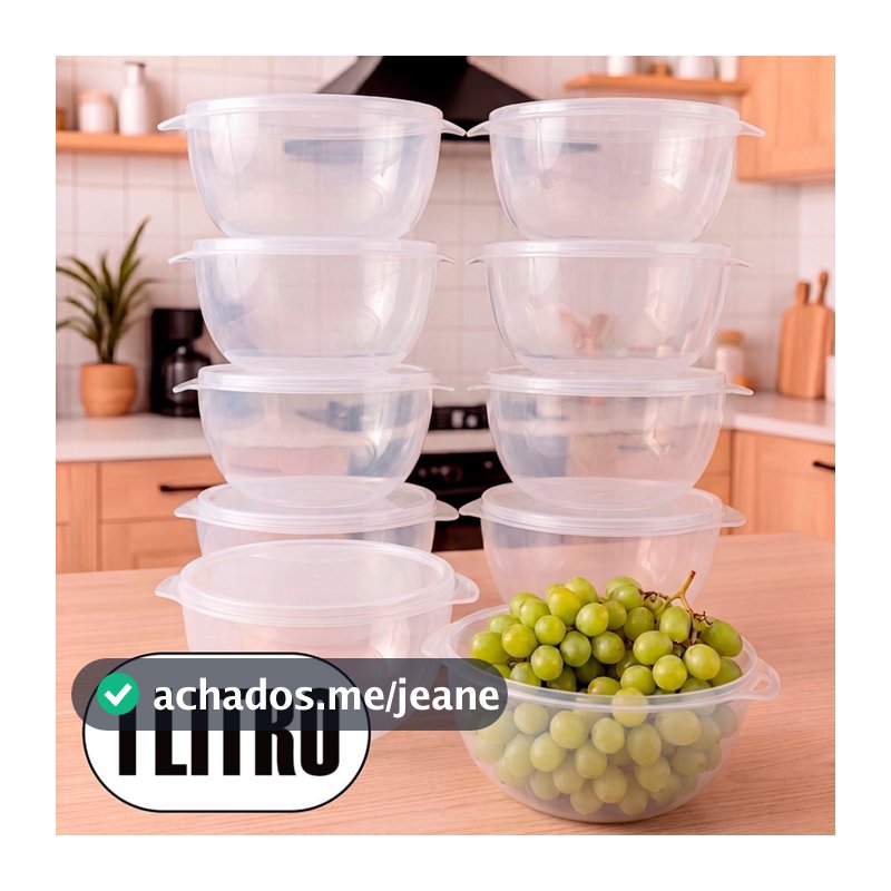 Kit 10 Bowl Transparente 1000ml com Tampa Potes Kaziva - Reforçados Cozinha Alimentos e Marmitas Congelador - Variações