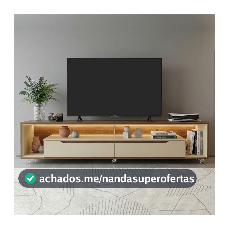 Rack para Sala com Led e Rodízios P/Tv 70 Polegadas 218cm Loop - Olivar Móveis
