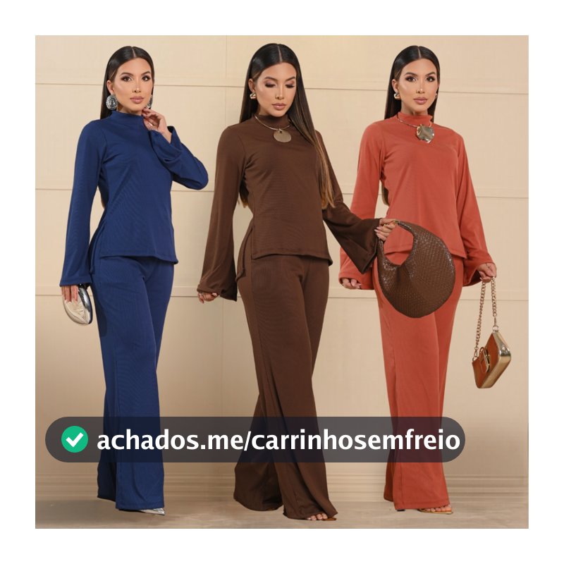 Conjunto Feminino Blusa Gola Alta Manga Longa Flare Mais Calça Pantalona Elegante Inverno Frio