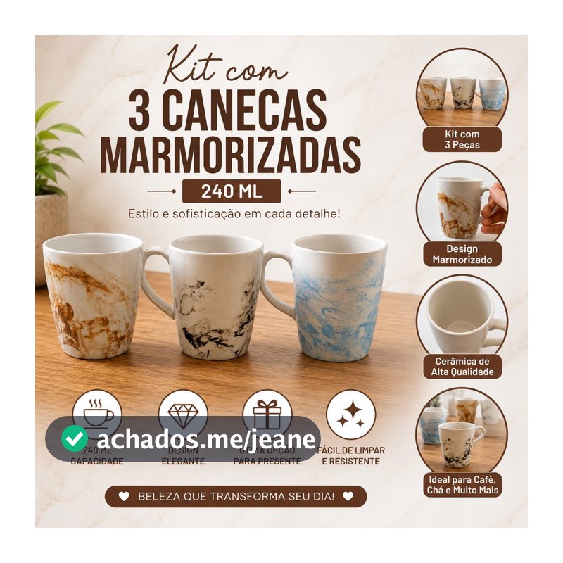 Kit 3 Canecas Marmorizadas 240ml Premium em Cerâmica para Café Chá Mesa Posta Requinte para sua Mesa