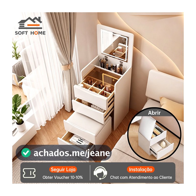 SOFTHOME Penteadeira Compacta Branca com Espelho LED 3 Tons + Banco Organizador - Ideal para Quarto Pequeno