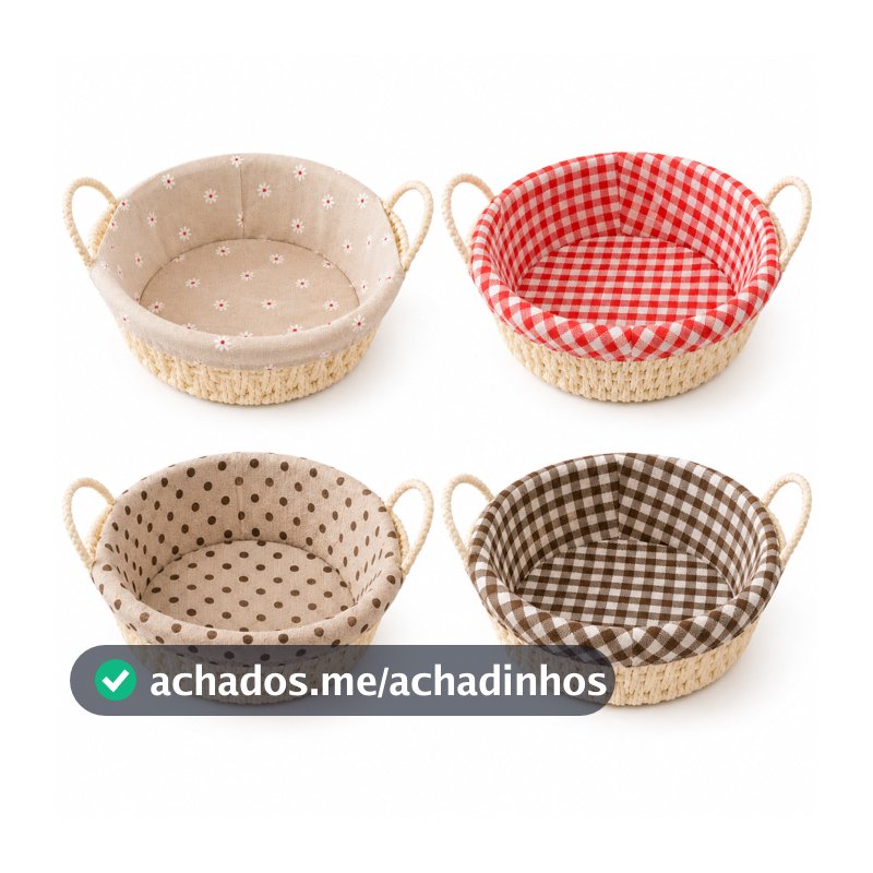 Cesto de Pão Redondo Para Café da Manhã com Tecido Forro e Alça Lateral Cozinha Multiuso