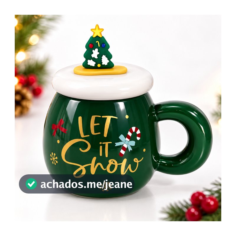 Caneca de Natal Cerâmica com Tampa e Canudo 400ml Árvore Natalina Verde Presente Chocolate Quente