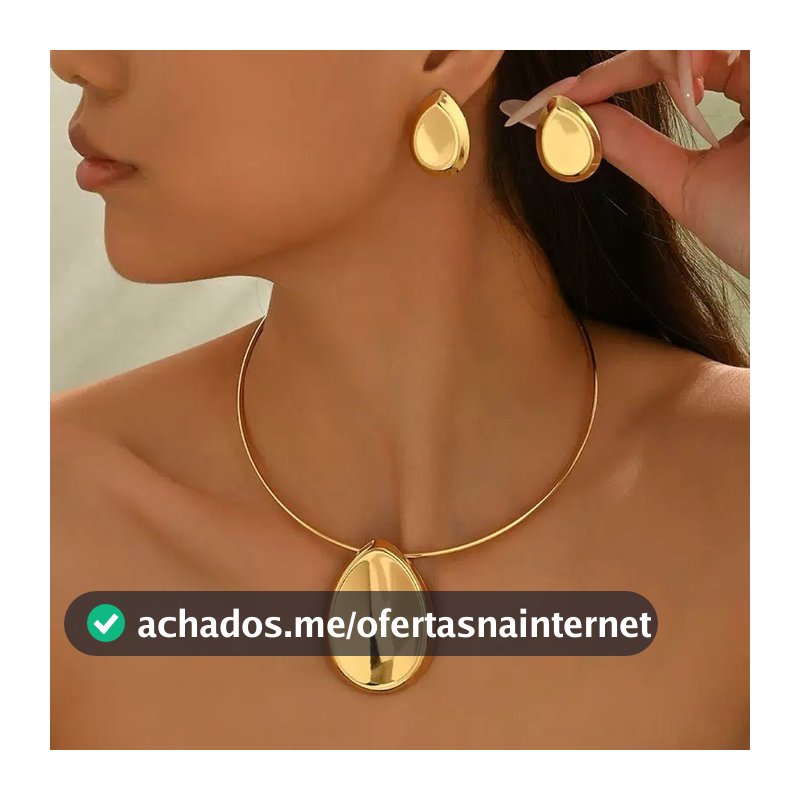 Kit Feminino Colar Choker Gargantilha e Brincos Coração Gota Oval banhado Ouro 18K e Prata925