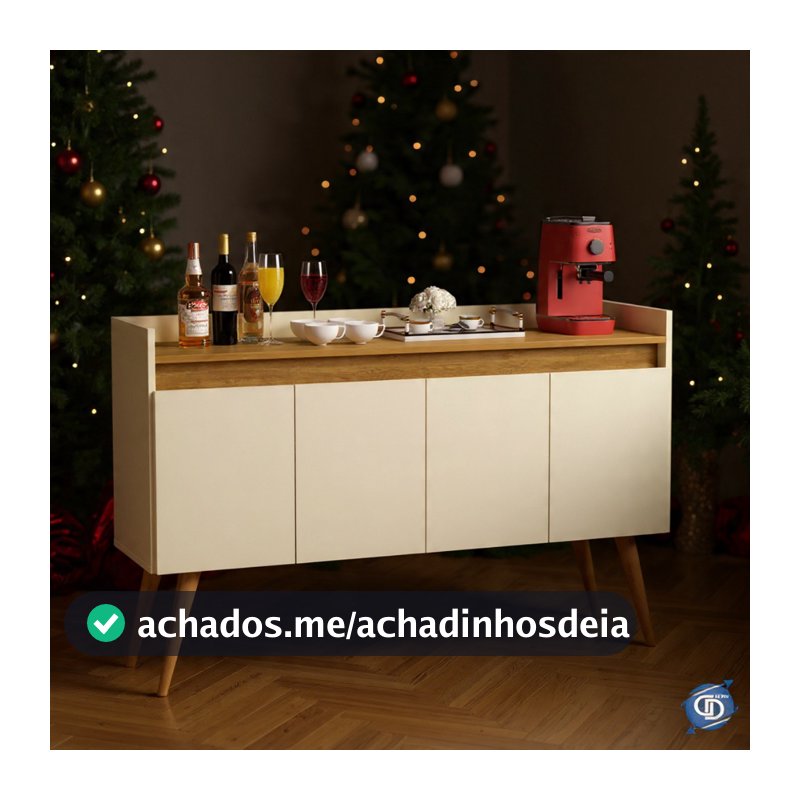 Aparador Buffet Retrô Sala Pés Palito Em Madeira Maciça  Elegance 4 Portas Prateleira Interna